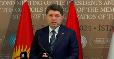Justice Minister Yılmaz Tunç speaks at a meeting of the Organization of Turkic States (OTS), Istanbul, Türkiye, May 22, 2024. (AA Photo)