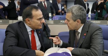 Federal Councillor of Switzerland Ignazio Cassis (R) and Deputy Minister for Foreign Affairs of Türkiye Mehmet Kemal Bozay chat while attending a Council of Europe Foreign Ministers meeting at the European Palace, Strasbourg, France, May 17, 2024. (EPA Photo)
