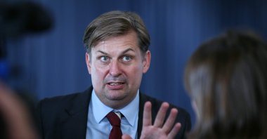 Member of the far-right Alternative for Germany (AfD) party Maximilian Krah gestures as he gives an interview during 14th federal party congress of German far-right party Alternative for Germany (AfD - Alternative fuer Deutschland) at the trade fair in Magdeburg, eastern Germany on July 28, 2023. (AFP Photo)