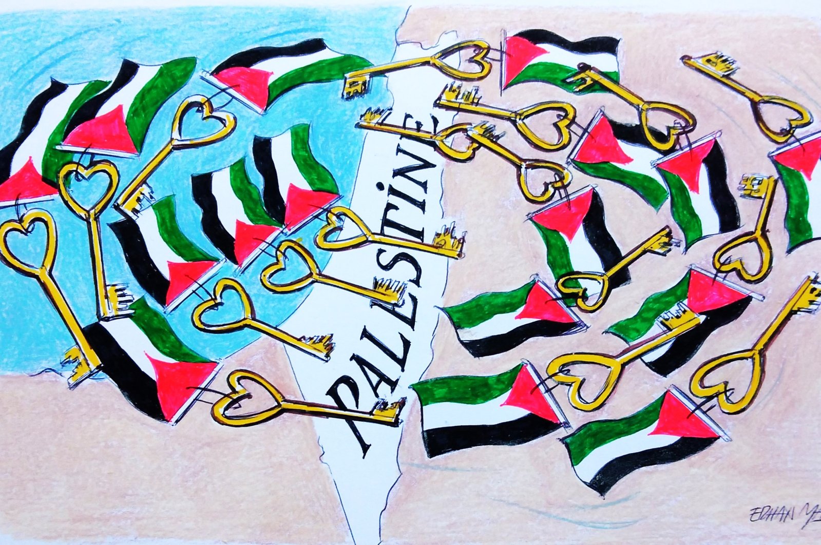 "The keys that Palestinians have held on to for generations may not have opened the doors to their homes yet, but they have opened the hearts of those who were previously deaf and blind to the truth in many parts of the world." (Illustration by Erhan Yalvaç)