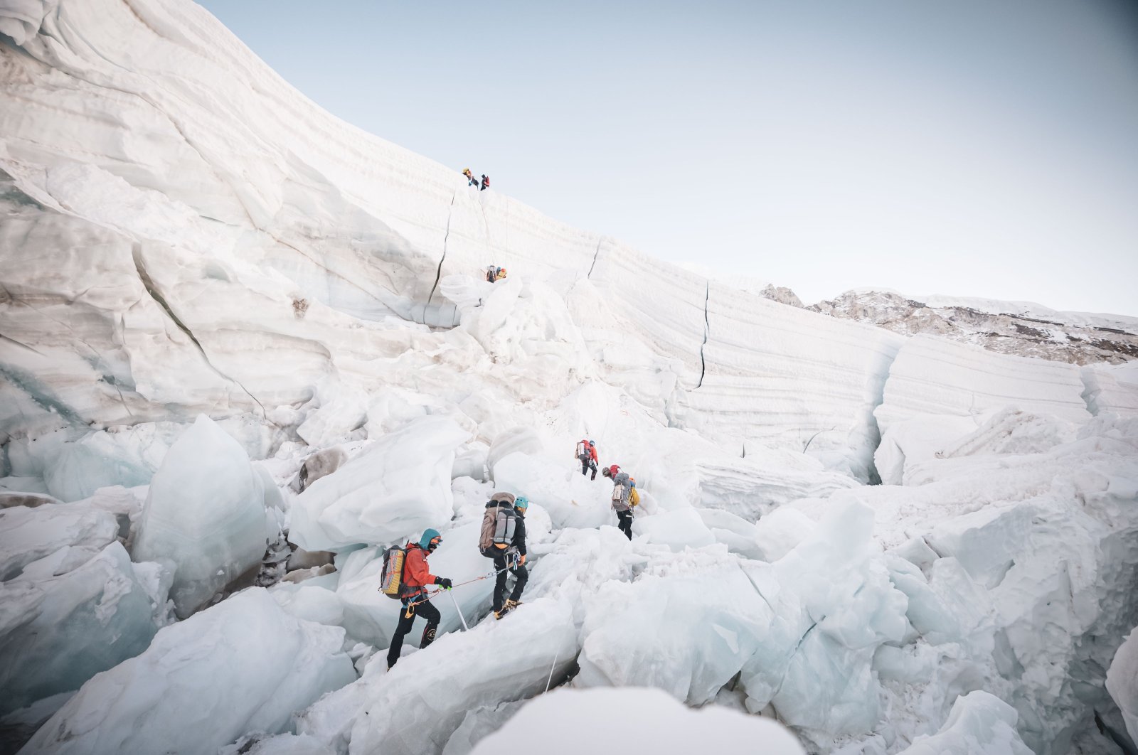 A handout photo made available by Seven Summit Trek shows climbers on a glacier at a base camp, 5,364 meters (17,598 feet) above sea level, Mount Everest, Nepal, April 26, 2024. (EPA Photo)