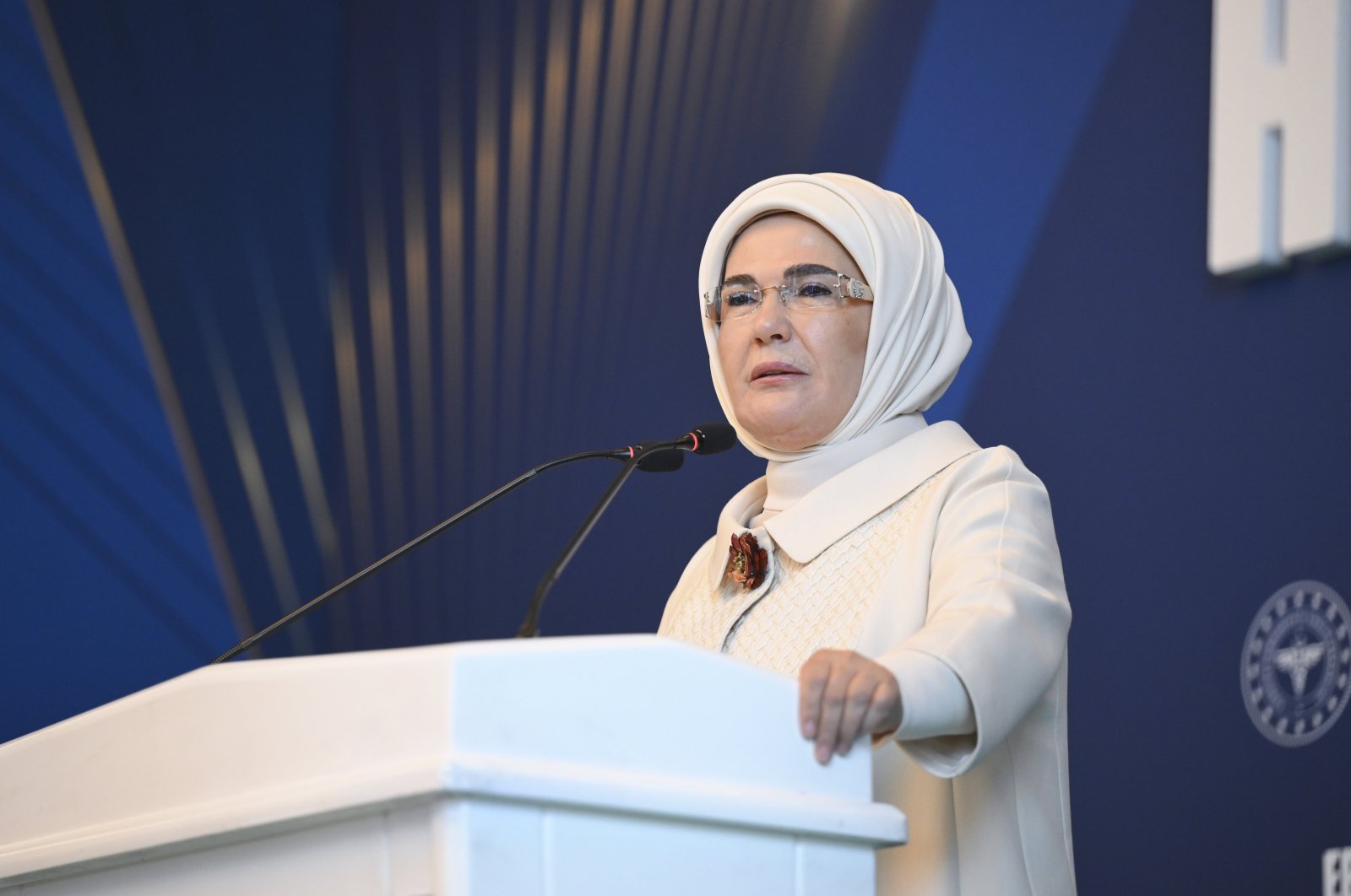 Türkiye&#039;s first lady Emine Erdoğan speaks at an event, Istanbul, Türkiye, May 18, 2024. (AA Photos)