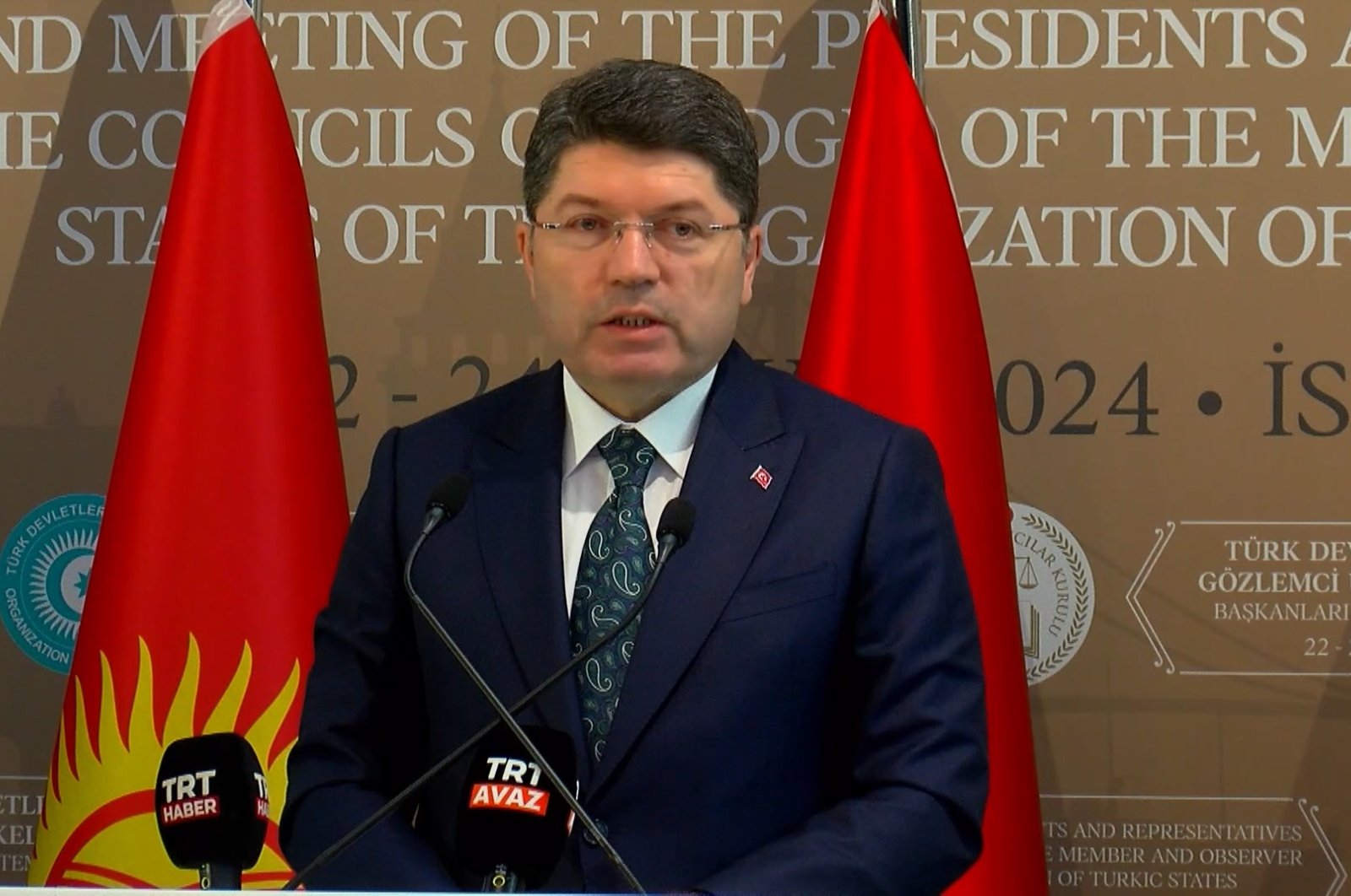 Justice Minister Yılmaz Tunç speaks at a meeting of the Organization of Turkic States (OTS), Istanbul, Türkiye, May 22, 2024. (AA Photo)