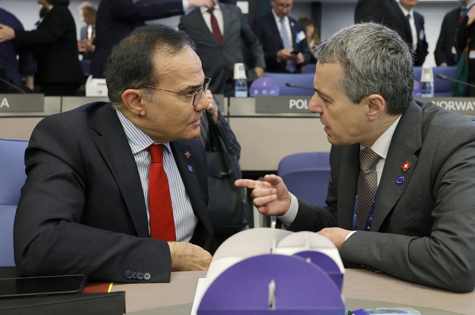 Federal Councillor of Switzerland Ignazio Cassis (R) and Deputy Minister for Foreign Affairs of Türkiye Mehmet Kemal Bozay chat while attending a Council of Europe Foreign Ministers meeting at the European Palace, Strasbourg, France, May 17, 2024. (EPA Photo)