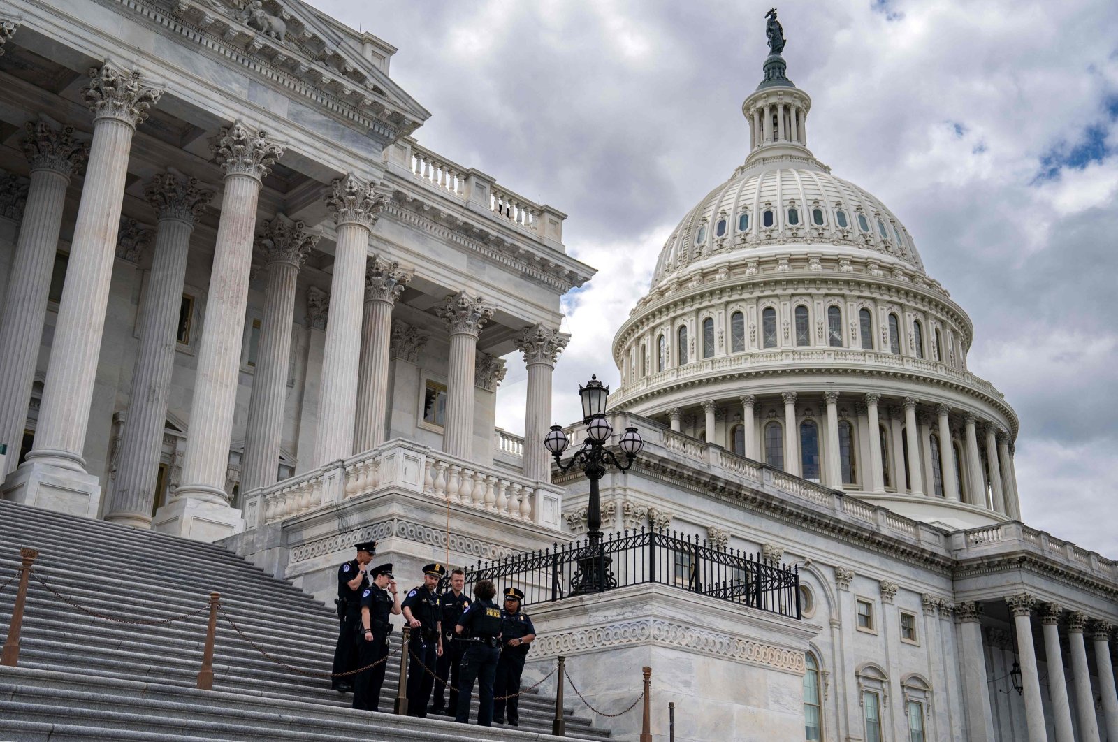 Capitol Police Officers gather on the steps of the House of Representatives ahead of a protest by Congressional aides advocating for a cease-fire between Israel and Hamas at the U.S. Capitol on May 16, 2024. (AFP Photo)