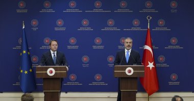 Foreign Minister Hakan Fidan (R) speaks at the news conference with European Commissioner for Neighborhood and Enlargement Oliver Varhelyi, Ankara, Türkiye, May 23, 2024. (AA Photo)