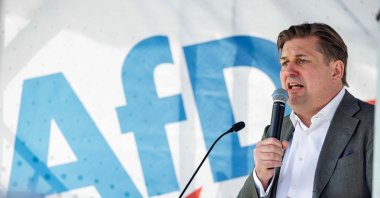 Top candidate of Germany's far-right Alternative for Germany (AfD) party for the European election Maximilian Krah speaks during a campaign event for the upcoming European elections in Dresden, eastern Germany on May 1, 2024. (AFP Photo)
