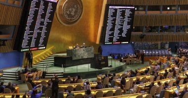 The vote of each country is displayed on the screens as the General Assembly votes on creating an International Day of Remembrance for victims of the Srebrenica genocide at the United Nations Headquarters in New York, New York, May 23, 2024.  (EPA Photo)
