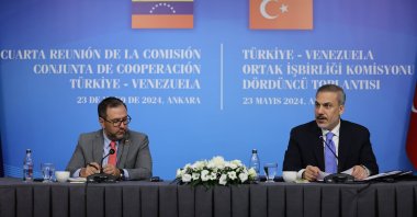 Foreign Minister Hakan Fidan, Venezuelan Counterpart Yvan Gil attend a meeting at the Foreign Ministry, May 23, 2024. (AA Photo)