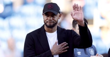 Vincent Kompany gestures at Burnley fans during the English Premier League match between against Nottingham Forest, at Turf Moor, in Burnley, U.K., May 19, 2024. (AP Photo)