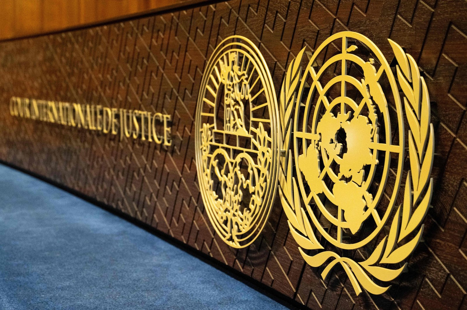 The International Court of Justice (ICJ) logo is seen in The Hague, the Netherlands, May 17, 2024. (AFP Photo)