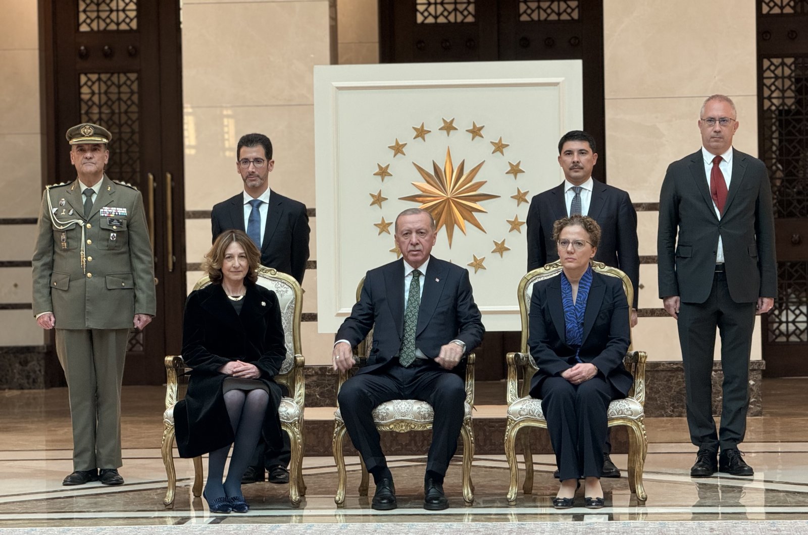 President Recep Tayyip Erdoğan (C) poses for a picture with the ambassadors of Spain, Somalia and Brunei in Ankara, Türkiye, May 23, 2024. (DHA Photo)