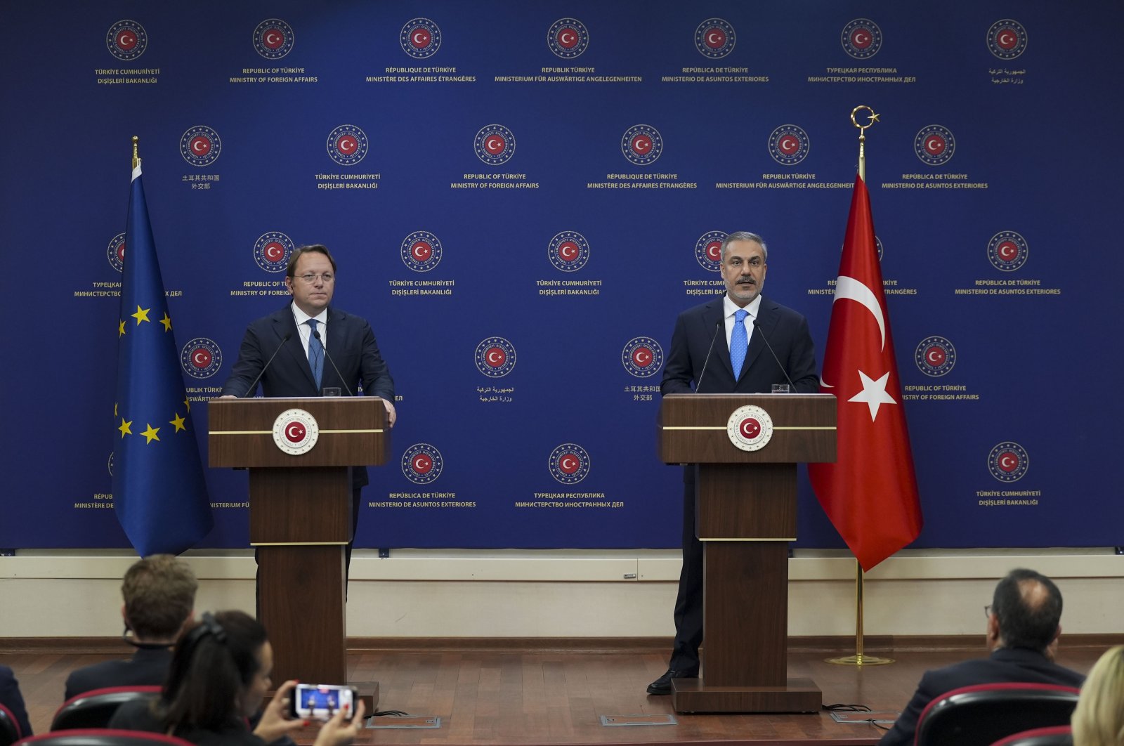 Foreign Minister Hakan Fidan (R) speaks at the news conference with European Commissioner for Neighborhood and Enlargement Oliver Varhelyi, Ankara, Türkiye, May 23, 2024. (AA Photo)