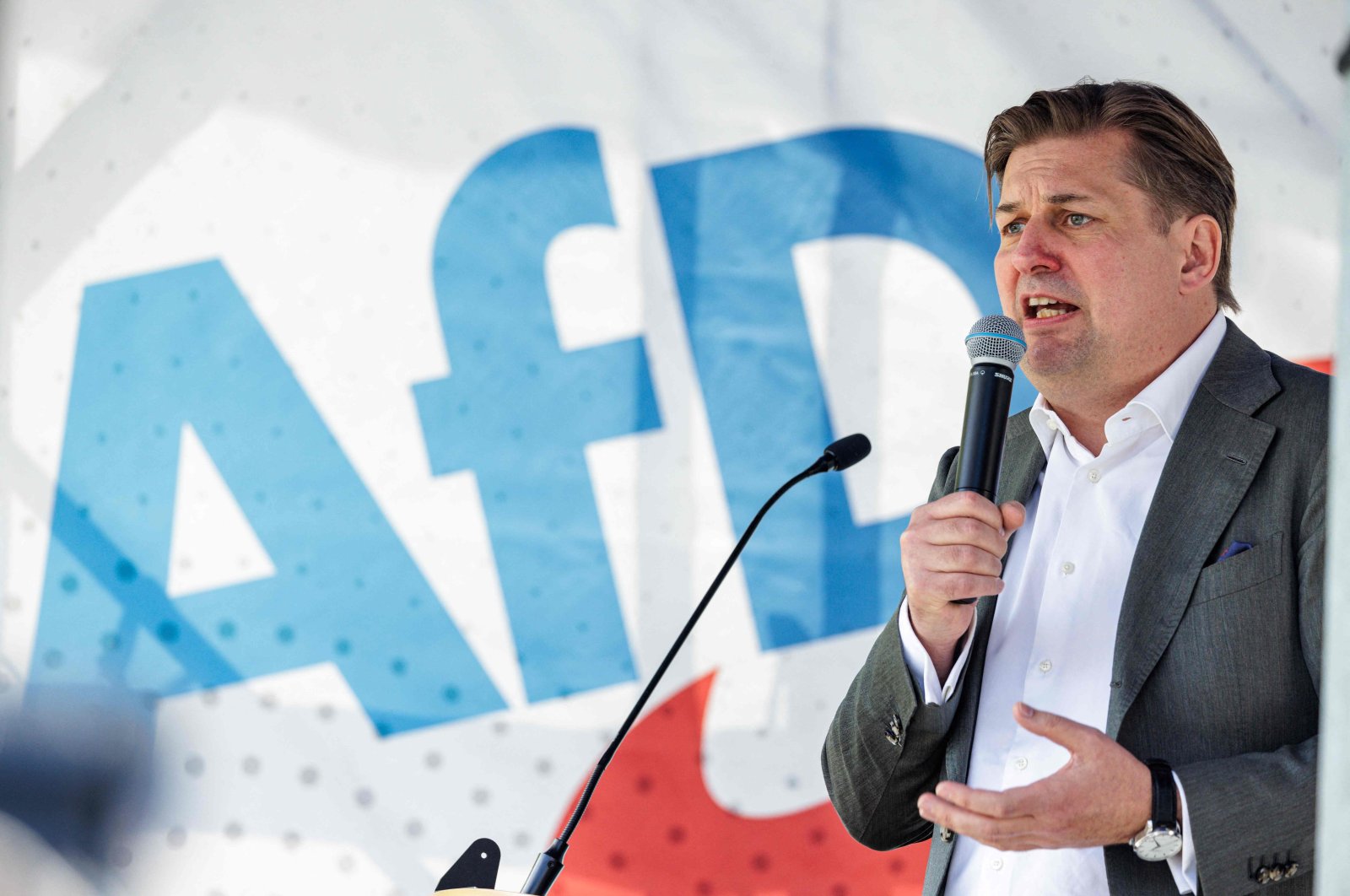 Top candidate of Germany&#039;s far-right Alternative for Germany (AfD) party for the European election Maximilian Krah speaks during a campaign event for the upcoming European elections in Dresden, eastern Germany on May 1, 2024. (AFP Photo)