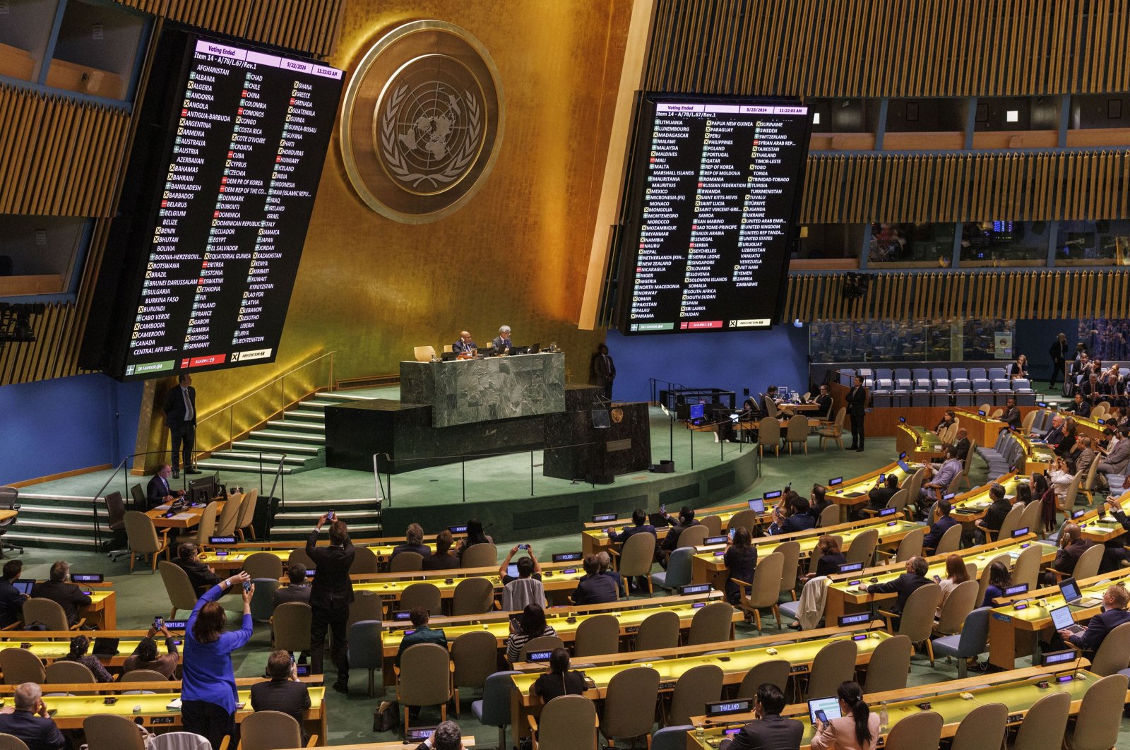 The vote of each country is displayed on the screens as the General Assembly votes on creating an International Day of Remembrance for victims of the Srebrenica genocide at the United Nations Headquarters in New York, New York, May 23, 2024.  (EPA Photo)