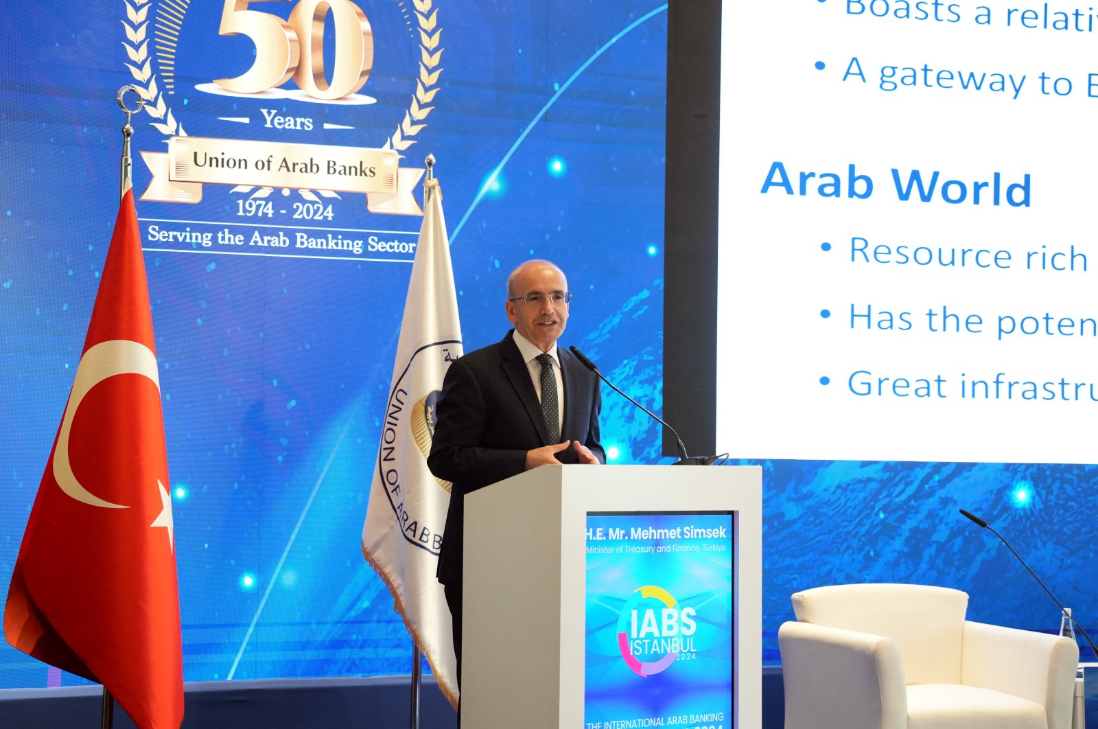 Treasury and Finance Minister Mehmet Şimşek speaks during the International Arab Banking Summit in Istanbul, Türkiye, May 23, 2024. (IHA Photo)