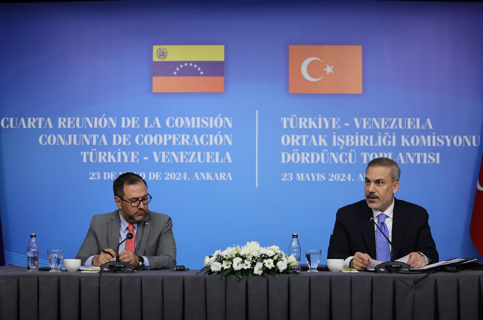 Foreign Minister Hakan Fidan, Venezuelan Counterpart Yvan Gil attend a meeting at the Foreign Ministry, May 23, 2024. (AA Photo)