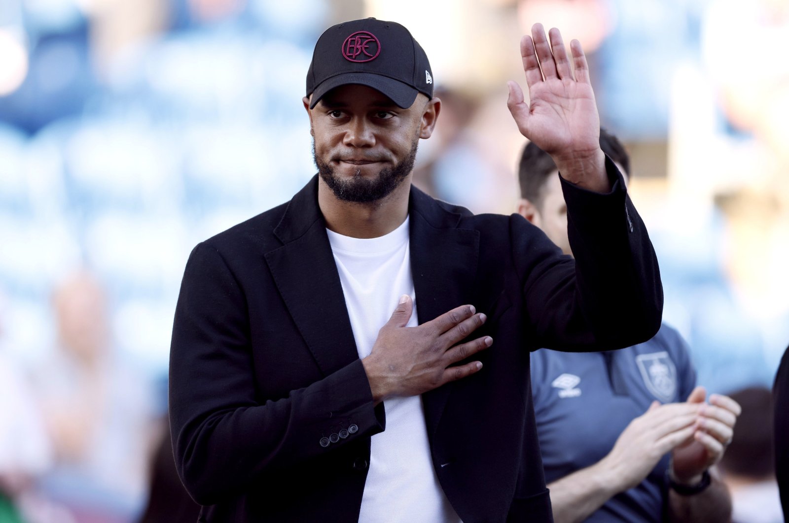 Vincent Kompany gestures at Burnley fans during the English Premier League match between against Nottingham Forest, at Turf Moor, in Burnley, U.K., May 19, 2024. (AP Photo)