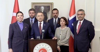 Fuat Oktay, chair of the Turkish Parliament's foreign affairs committee (C), speaks in Oslo, Norway, May 24, 2024. (AA Photo)