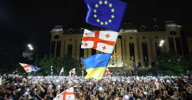 Protesters rally against the foreign influence law outside Georgia&#039;s Parliament in Tbilisi, Georgia, May 15, 2024. (AFP Photo)
