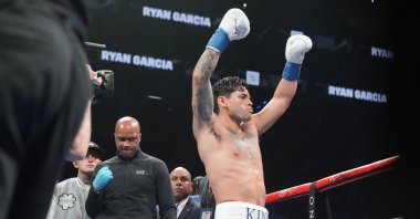 Ryan Garcia is announced before a super lightweight boxing match against Devin Haney, New York, U.K., April 21, 2024. (AP Photo)