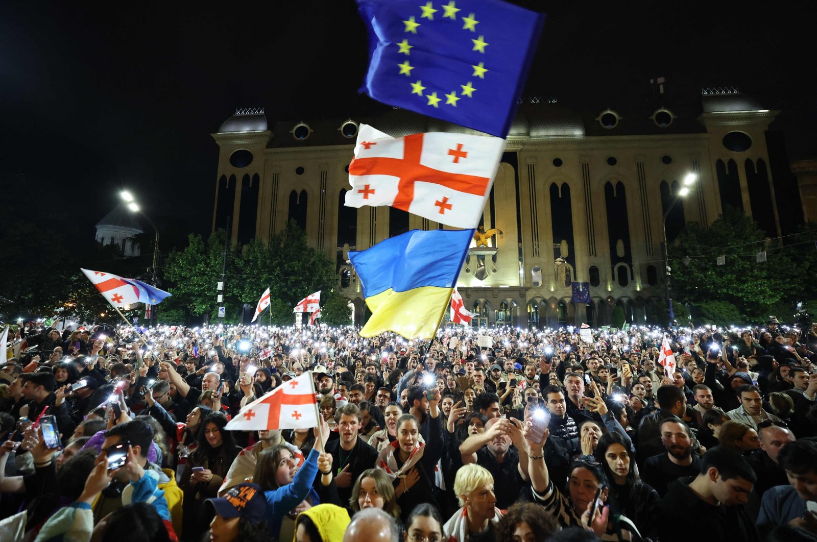 Protesters rally against the foreign influence law outside Georgia&#039;s Parliament in Tbilisi, Georgia, May 15, 2024. (AFP Photo)