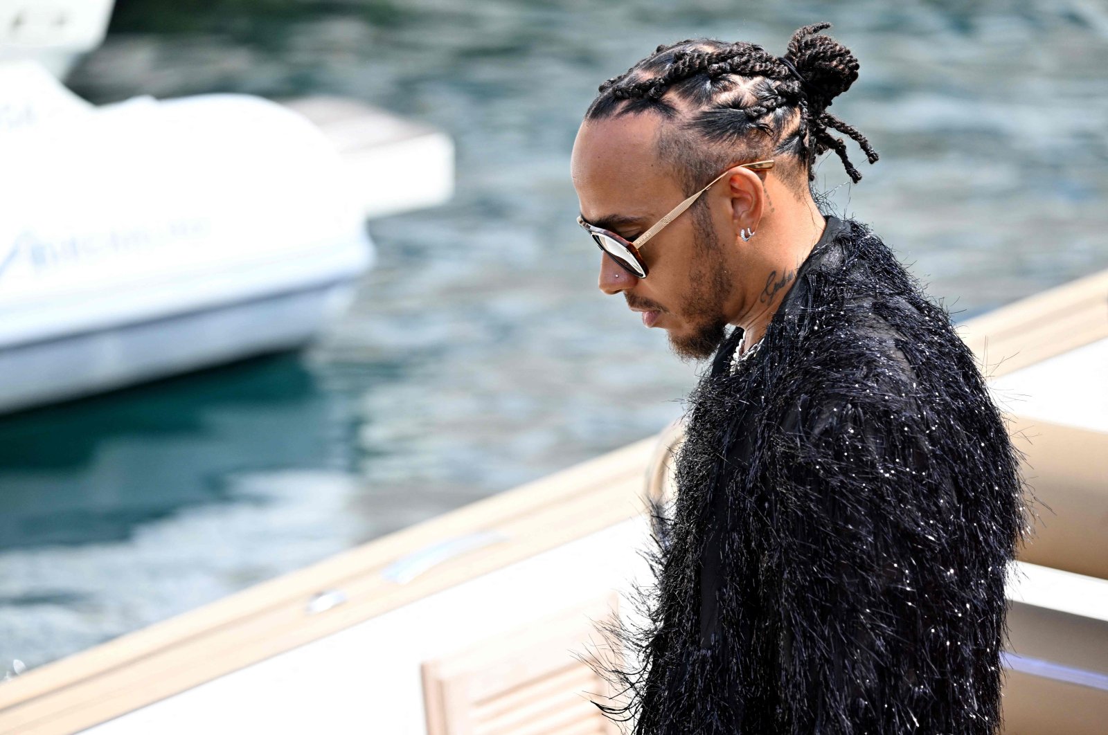 Mercedes&#039; British driver Lewis Hamilton arrives by boat in the paddock of the Circuit de Monaco two days ahead of the Formula One Monaco Grand Prix, Monte Carlo, Monaco, May 24, 2024. (AFP Photo)