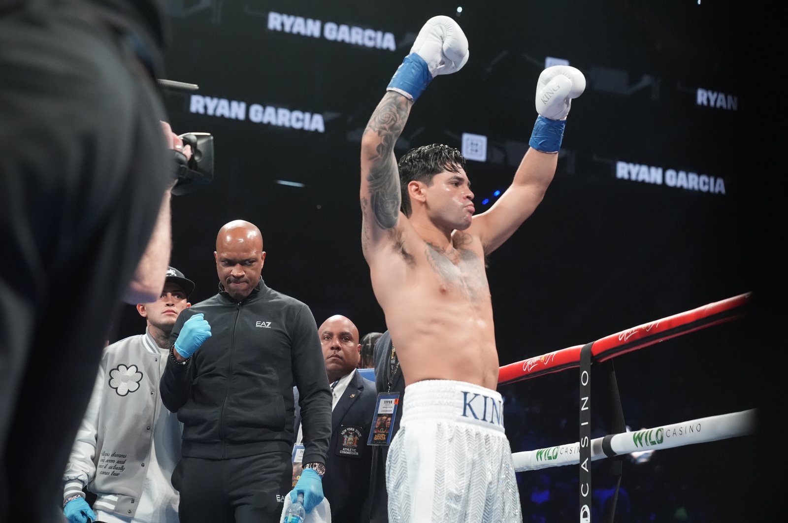 Ryan Garcia is announced before a super lightweight boxing match against Devin Haney, New York, U.K., April 21, 2024. (AP Photo)