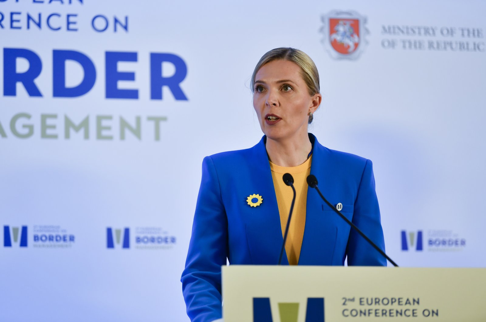 Lithuania&#039;s Minister of the Interior Agne Bilotaite, speaks during a press conference after the 2nd European Conference on Border Management, in Vouliagmeni suburb, southeast of Athens, Greece, Friday, Feb. 24, 2023. (AP File Photo)