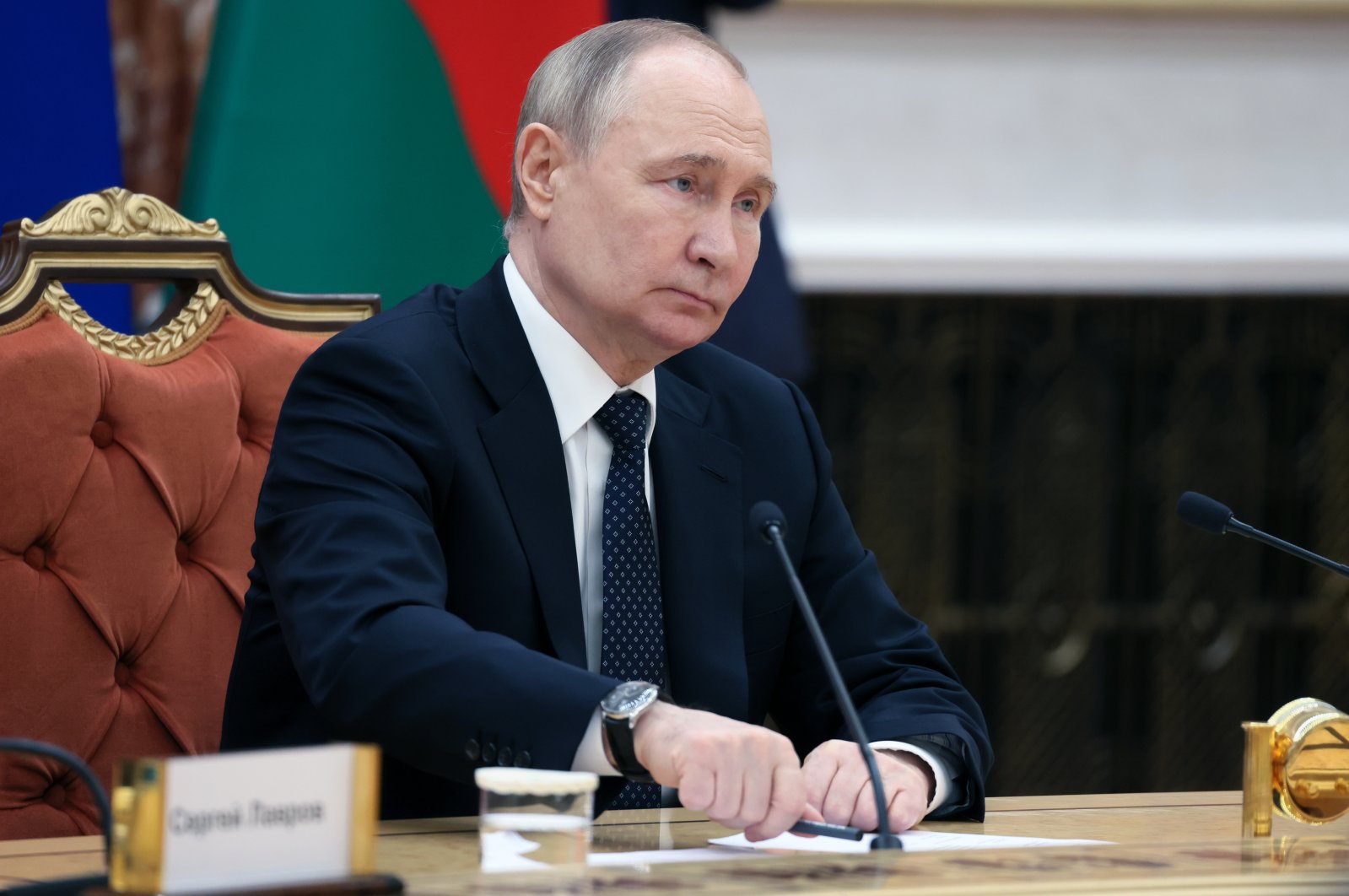 Russian President Vladimir Putin takes part in Russian-Belarusian negotiations at the Palace of Independence, during his visit to Minsk, Belarus, May 24, 2024. (EPA Photo)