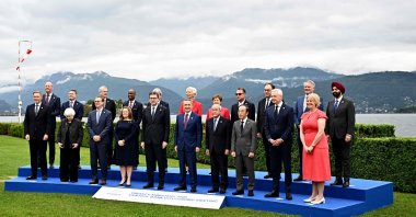 Finance Ministers and Central Bank Governors pose for the family picture at the G-7 Finance Ministers meeting, Stresa, Italy, May 24, 2024. (AFP Photo)