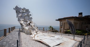A monument representing letters sent by Prime Minister Adnan Menderes and others to their families but seized by the junta, on Yassıada, the island where the prime minister was tried, Istanbul, Türkiye, May 25, 2024. (AA Photo)