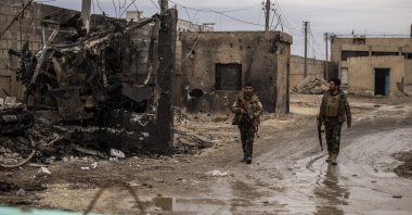 PKK/YPG terrorists patrol in Hassakeh, Syria, Feb. 8, 2022. (AP Photo)