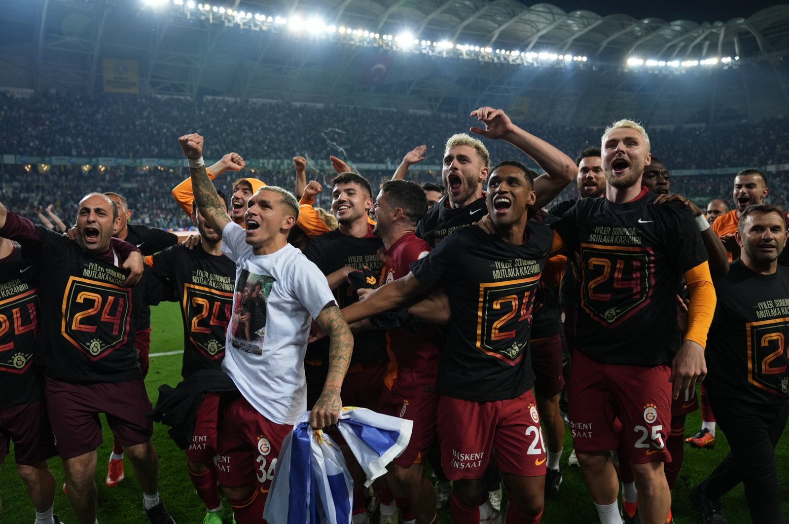 Galatasaray players celebrate after beating Konyaspor to win the Süper Lig title at the Konya Municipality Stadium, Konya, Türkiye, May 26, 2024. (AA Photo)