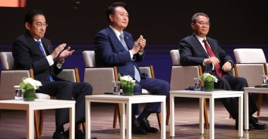 (From L to R) Japanese Prime Minister Fumio Kishida, South Korean President Yoon Suk Yeol and Chinese Premier Li Qiang attend a business summit in Seoul, South Korea, May 27, 2024. (EPA Photo)