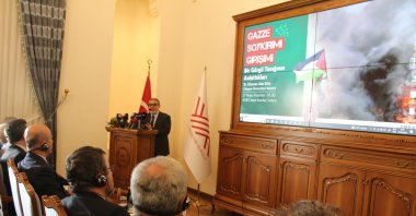 Dr. Ghassan Abu-Sitta speaks at the conference at Ankara Social Sciences University, Ankara, Türkiye, May 27, 2024. (DHA Photo)