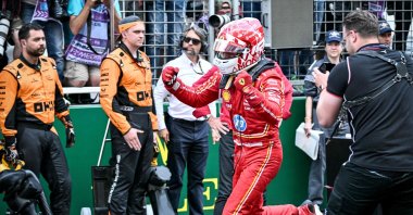 Ferrari&#039;s driver Charles Leclerc celebrates after winning the Formula One Monaco Grand Prix at the Circuit de Monaco, Monaco, May 26, 2024. (AFP Photo)