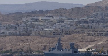 A Saar-6 corvette, the latest-generation warship which Israel is using for its naval defense system amid maritime threats from Yemen's Houthi rebels, is seen in waters in Eilat, Israel, April 16, 2024. (AP Photo)