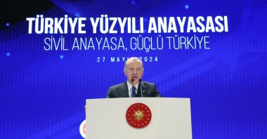 President Recep Tayyip Erdoğan speaks at the symposium on Democracy and Freedom Island, Istanbul, Türkiye, May 27, 2024. (AA Photo)