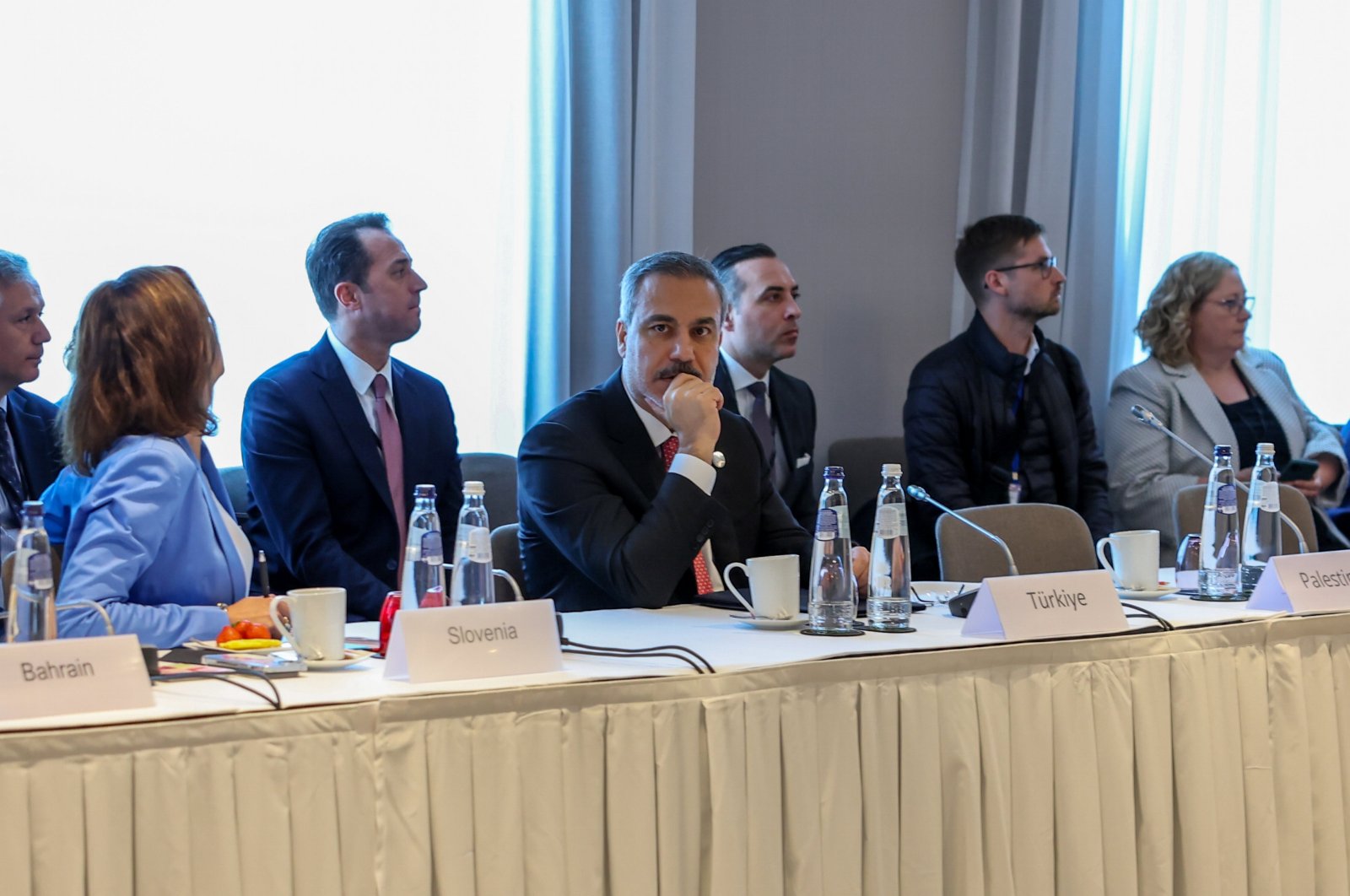 Turkish Foreign Minister Hakan Fidan (C) attends the International Partners Meeting on Palestine in Brussels, Belgium, May 26, 2024. (AA Photo)