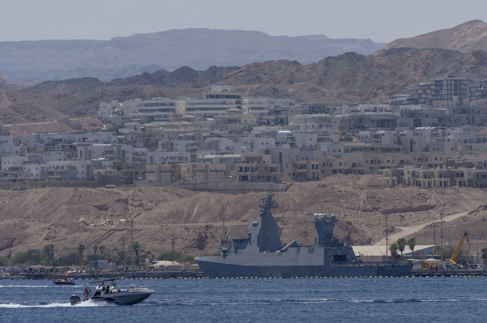 A Saar-6 corvette, the latest-generation warship which Israel is using for its naval defense system amid maritime threats from Yemen&#039;s Houthi rebels, is seen in waters in Eilat, Israel, April 16, 2024. (AP Photo)