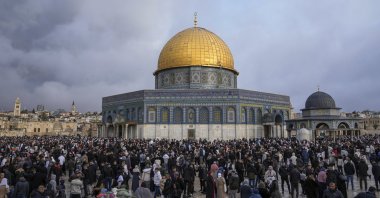 Palestinians gather for Eid al-Fitr prayers by the Dome of the Rock shrine in the Al-Aqsa Mosque compound in East Jerusalem&#039;s Old City, occupied Palestine, April 10, 2024. (AP Photo)