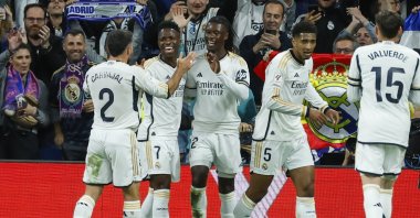 Real Madrid's Vinicius Jr (2nd L) celebrates after scoring the 2-0 goal during the La Liga match against Deportivo Alaves, Madrid, Spain, May 14, 2024. (EPA Photo)