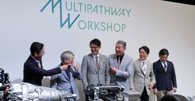 Subaru's CEO Atsushi Osaki, CTO Tetsuo Fujinuki, Toyota's CEO Koji Sato, CTO Hiroki Nakajima, Mazda's CEO Masahiro Moro and CTO Ichiro Hirose chat during a press conference pledging to each develop a new engine, Tokyo, Japan, May 28, 2024. (Reuters Photo)
