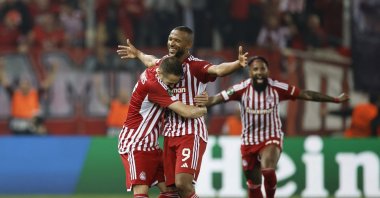 Olympiacos' Ayoub El Kaabi (C) celebrates scoring their second goal during the Europa Conference League semifinal match against Aston Villa at the Karaiskakis Stadium, Piraeus, Greece, May 9, 2024. (Reuters Photo) 