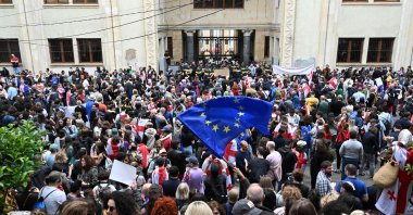 Demonstrators protesting the &quot;foreign influence&quot; law crowd outside the parliament building in central Tbilisi, May 28, 2024. (AFP Photo)
