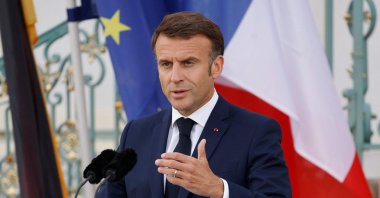 France&#039;s President Emmanuel Macron speaks during a joint news conference with the German chancellor at the Schloss Meseberg palace in Meseberg, eastern Germany, May 28, 2024. (AFP Photo)