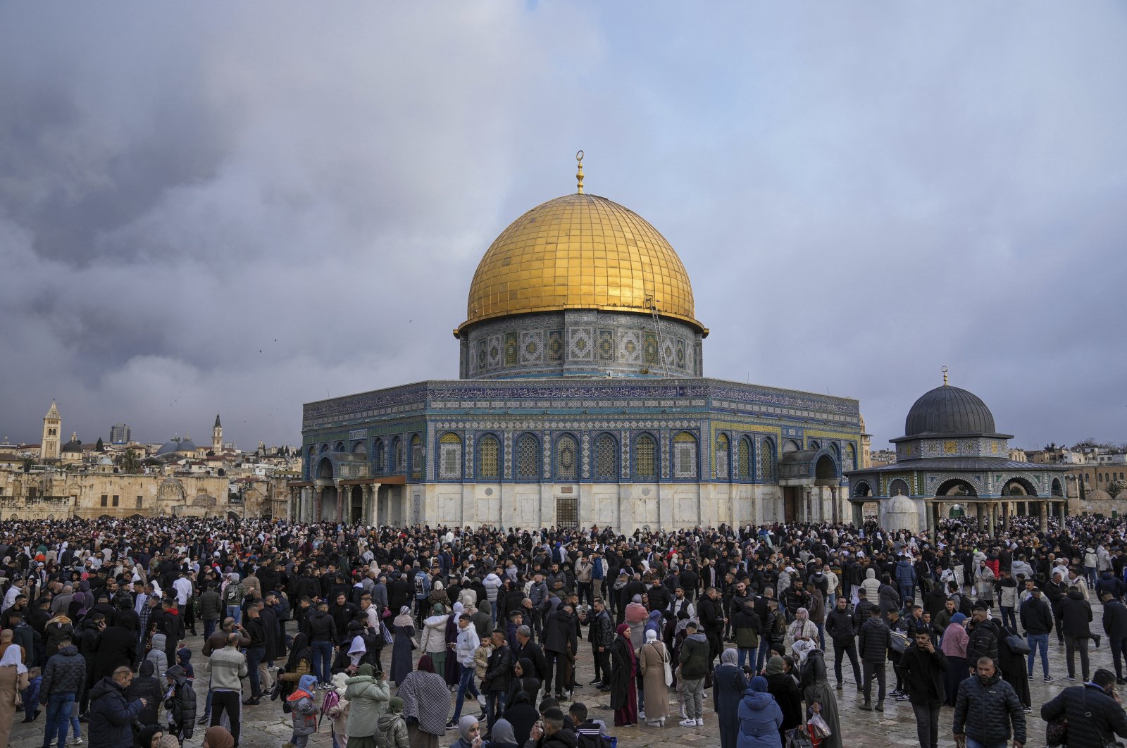 Palestinians gather for Eid al-Fitr prayers by the Dome of the Rock shrine in the Al-Aqsa Mosque compound in East Jerusalem&#039;s Old City, occupied Palestine, April 10, 2024. (AP Photo)