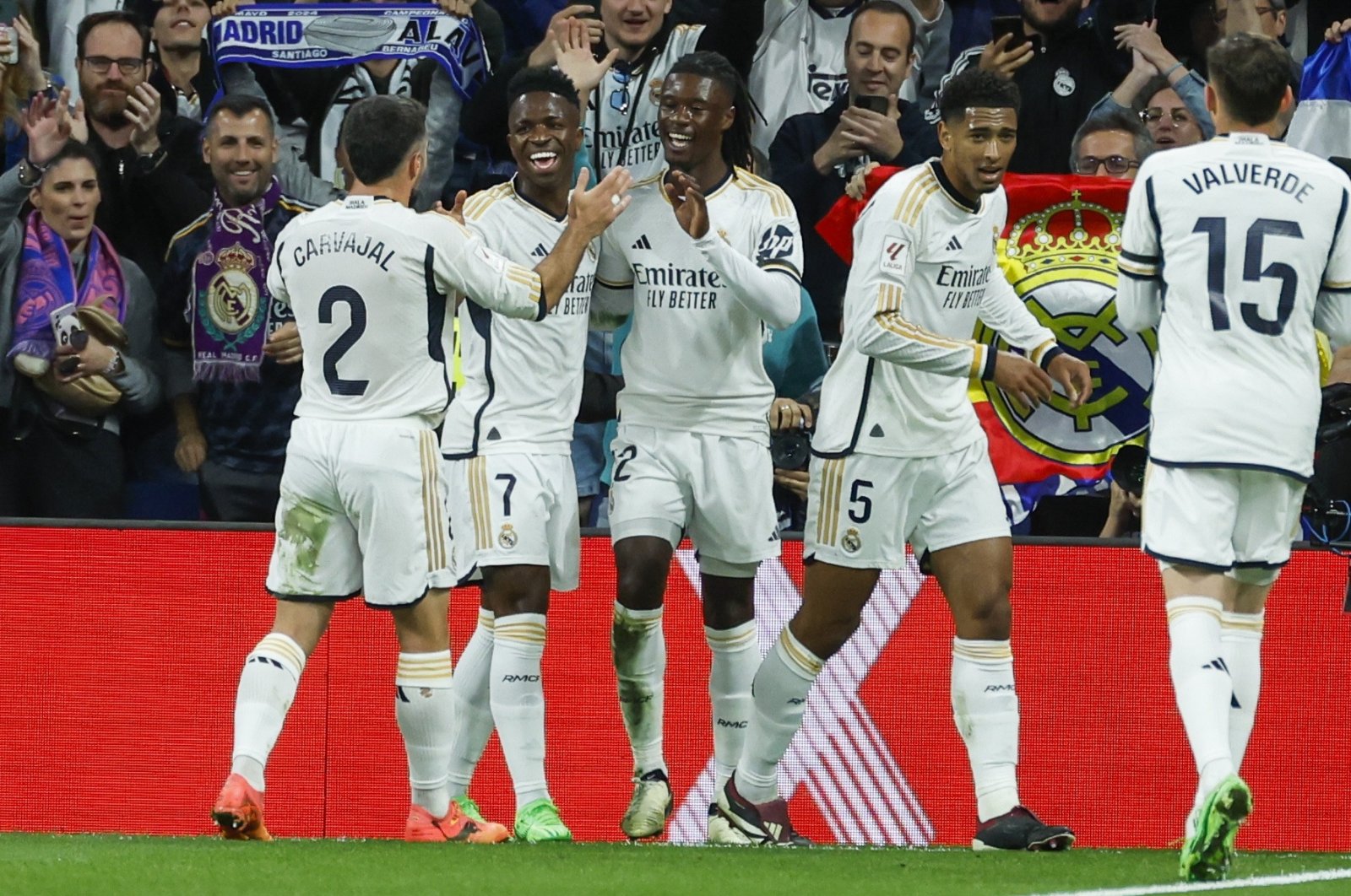 Real Madrid&#039;s Vinicius Jr (2nd L) celebrates after scoring the 2-0 goal during the La Liga match against Deportivo Alaves, Madrid, Spain, May 14, 2024. (EPA Photo)