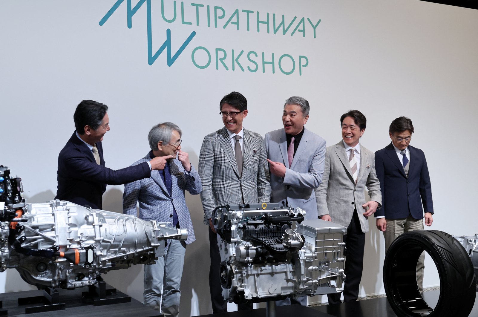 Subaru&#039;s CEO Atsushi Osaki, CTO Tetsuo Fujinuki, Toyota&#039;s CEO Koji Sato, CTO Hiroki Nakajima, Mazda&#039;s CEO Masahiro Moro and CTO Ichiro Hirose chat during a press conference pledging to each develop a new engine, Tokyo, Japan, May 28, 2024. (Reuters Photo)